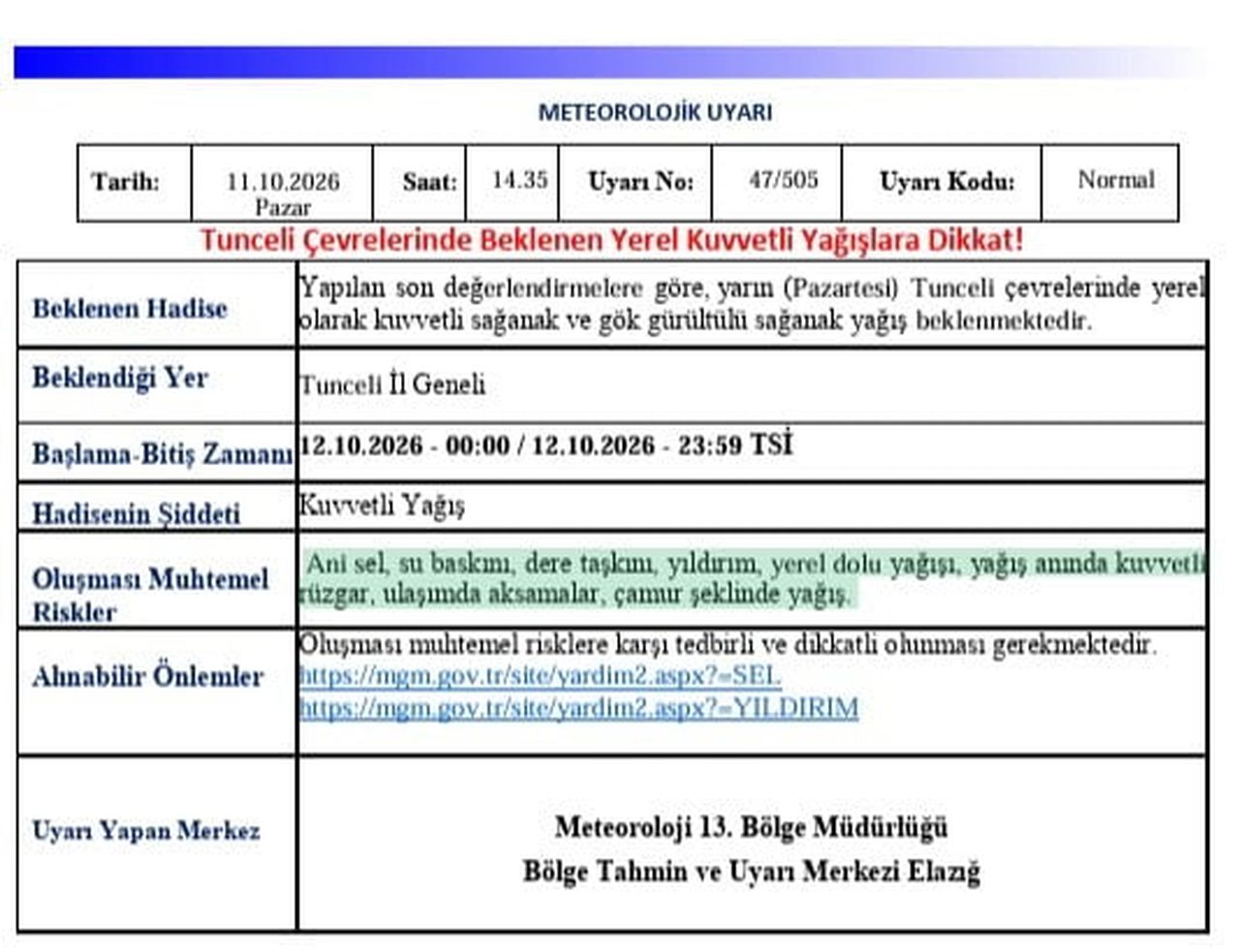 METEOROLOJİ, TUNCELİ İÇİN KUVVETLİ YAĞIŞ UYARISINDA BULUNDU.