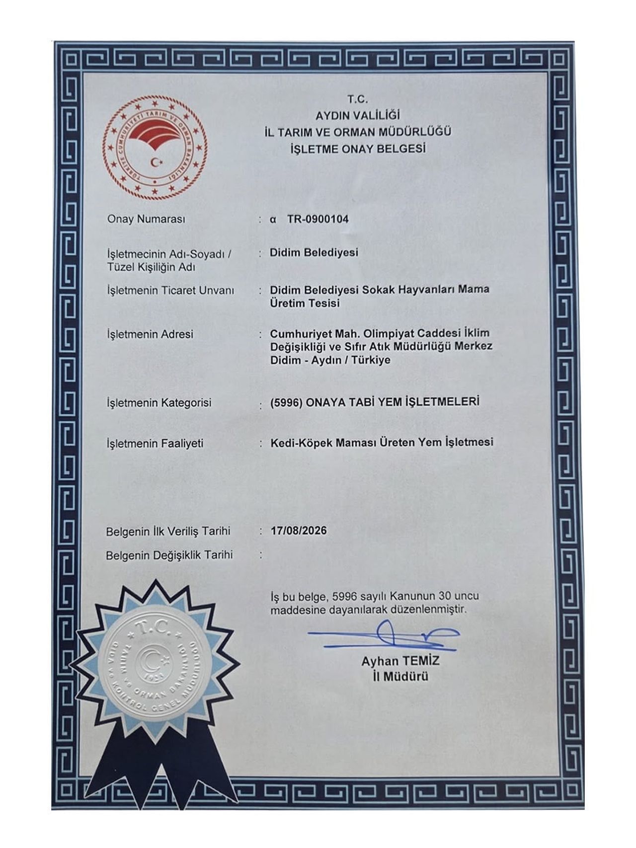 DİDİM’İN MAMA ÜRETİM TESİSİNE ONAY BELGESİ VERİLDİ