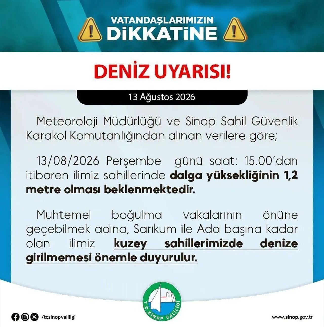 SİNOP VALİLİĞİ, İL GENELİNDE ETKİLİ OLMASI BEKLENEN DALGA YÜKSEKLİĞİ VE OLUMSUZ DENİZ KOŞULLARI...