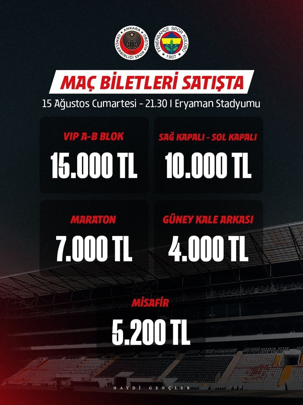GENÇLERBİRLİĞİ, FENERBAHÇE MAÇININ BİLETLERİNİ SATIŞA SUNDU.