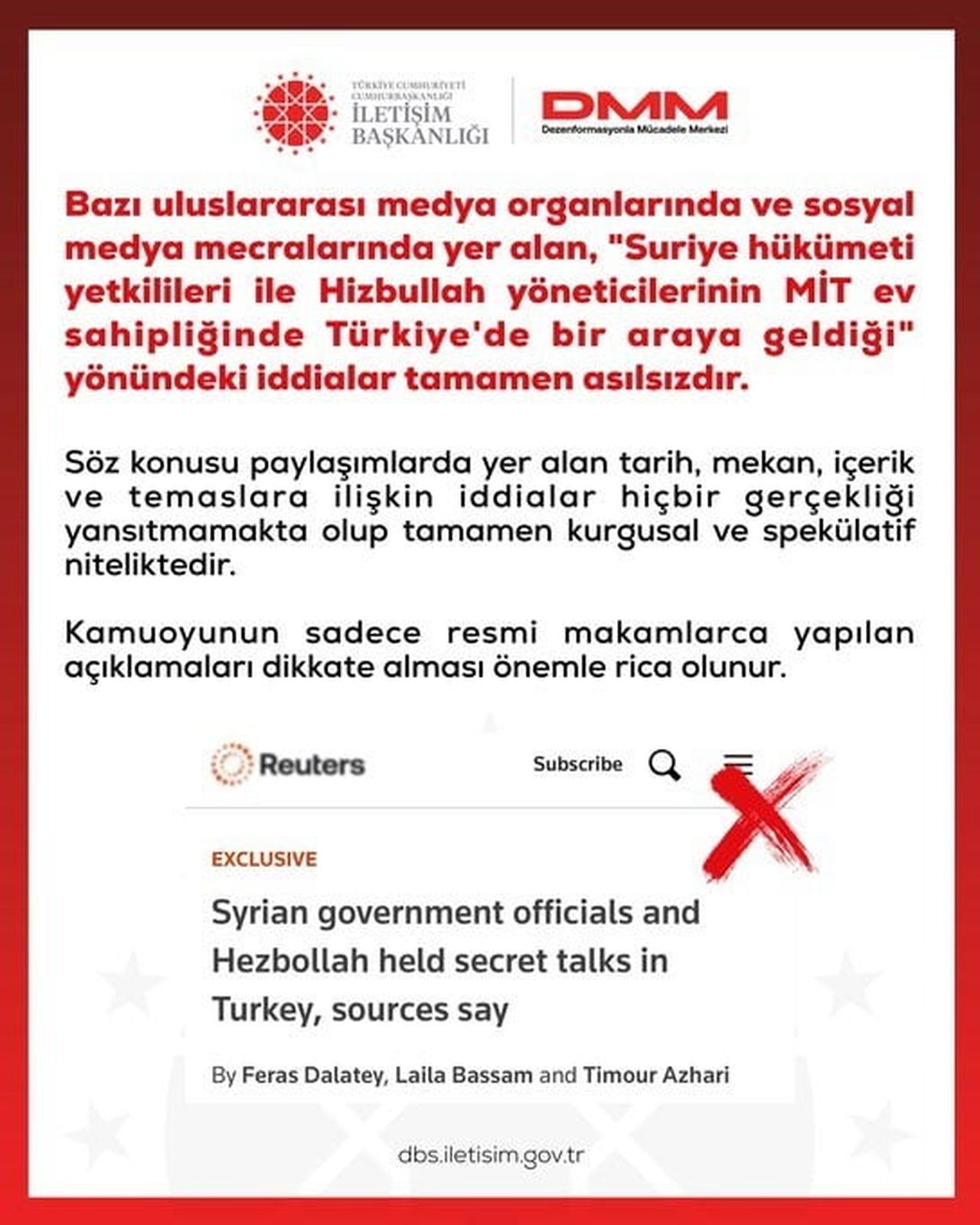 DEZENFORMASYONLA MÜCADELE MERKEZİ (DMM), TARAFINDAN "SURİYE HÜKÜMETİ YETKİLİLERİ İLE HİZBULLAH...