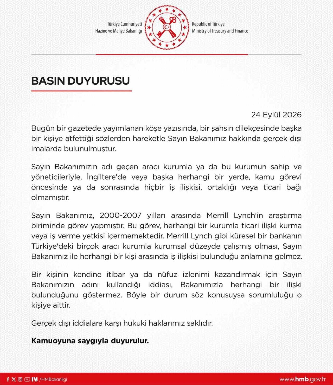 HAZİNE VE MALİYE BAKANLIĞI TARAFINDAN, MEHMET ŞİMŞEK'İN 2000-2007 YILLARI ARASINDA MERRİLL...