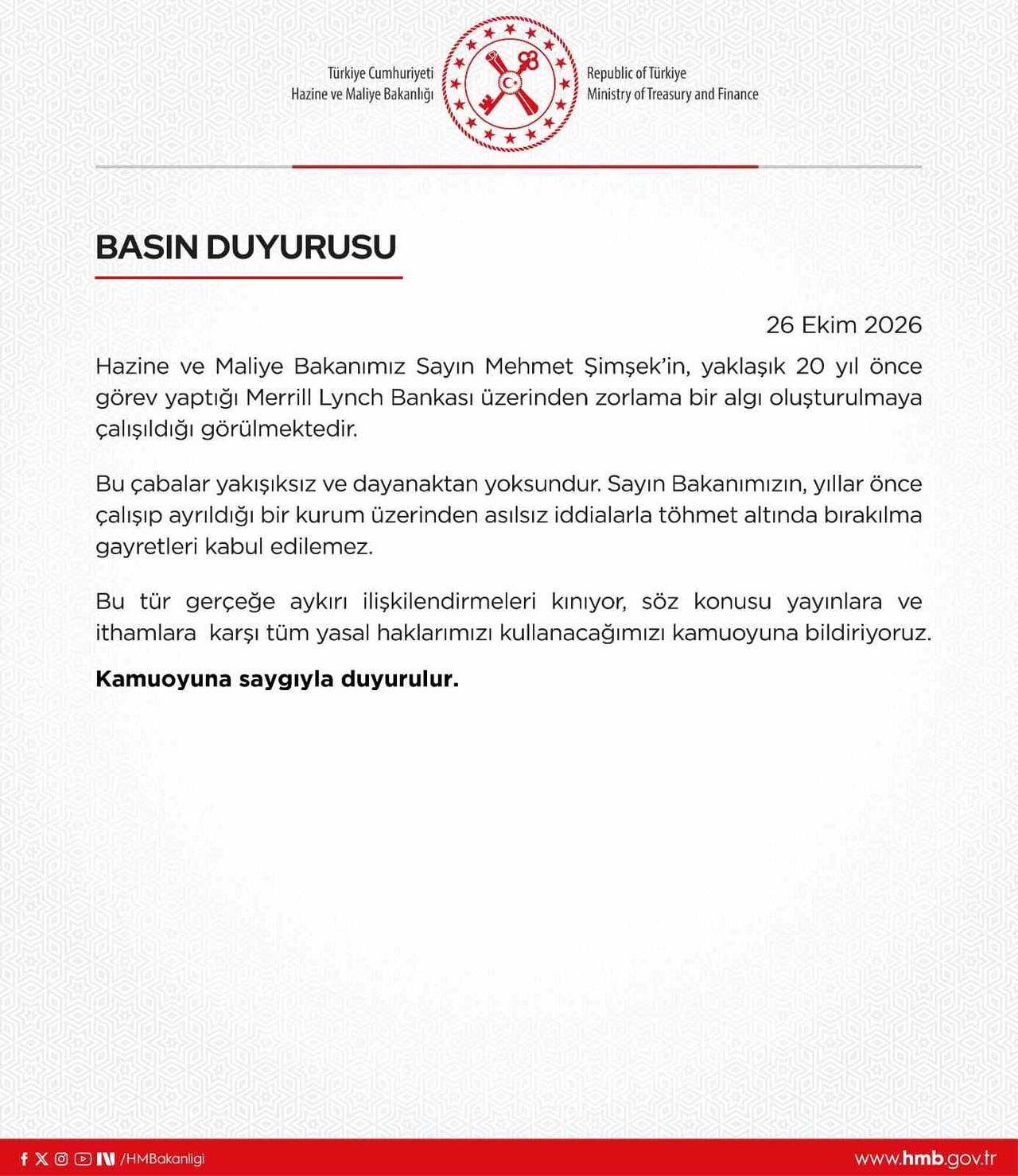HAZİNE VE MALİYE BAKANLIĞI’NCA, MEHMET ŞİMŞEK’İN, YAKLAŞIK 20 YIL ÖNCE GÖREV YAPTIĞI MERRİLL LYNCH...