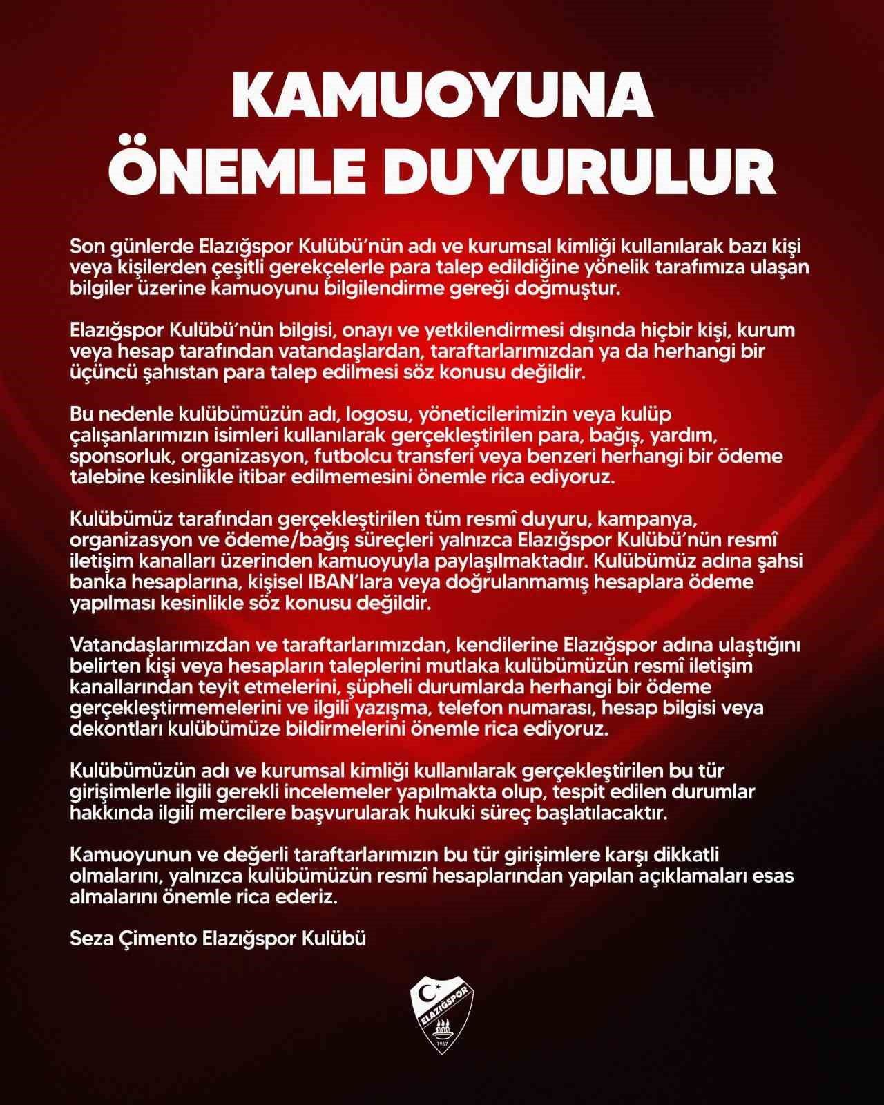 ELAZIĞSPOR'DAN DOLANDIRICILIK AÇIKLAMASI