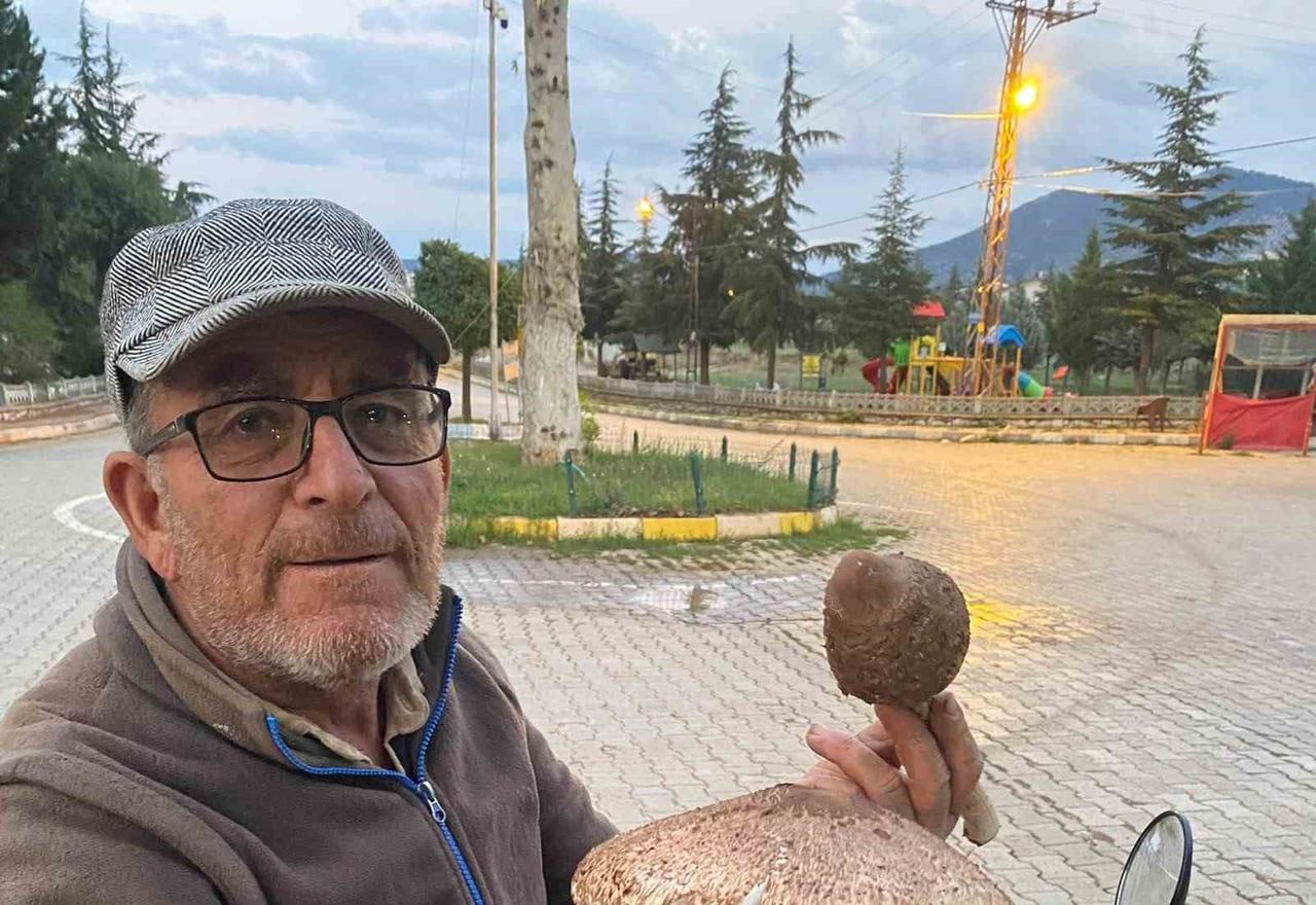 KONYA’NIN BEYŞEHİR İLÇESİNDE ARAZİDE MANTAR ARAYAN SADİ ÇETİN, KARŞILAŞTIĞI BÜYÜK MANTARLA...
