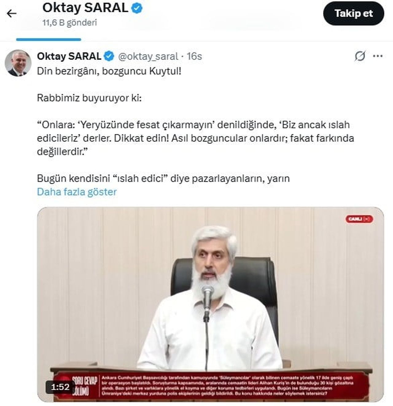 CUMHURBAŞKANI BAŞDANIŞMANI OKTAY SARAL, FURKAN VAKFI KURUCU BAŞKANI ALPARSLAN KUYTUL'UN PAYLAŞTIĞI...