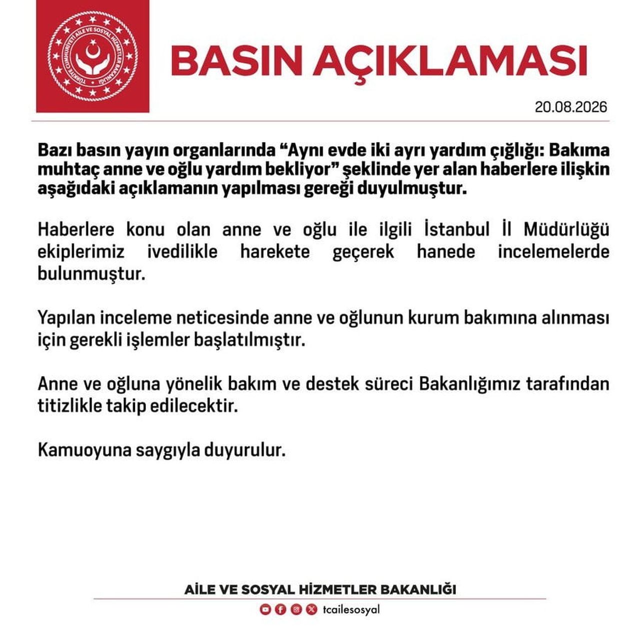 AİLE VE SOSYAL HİZMETLER BAKANLIĞININ AÇIKLAMASI