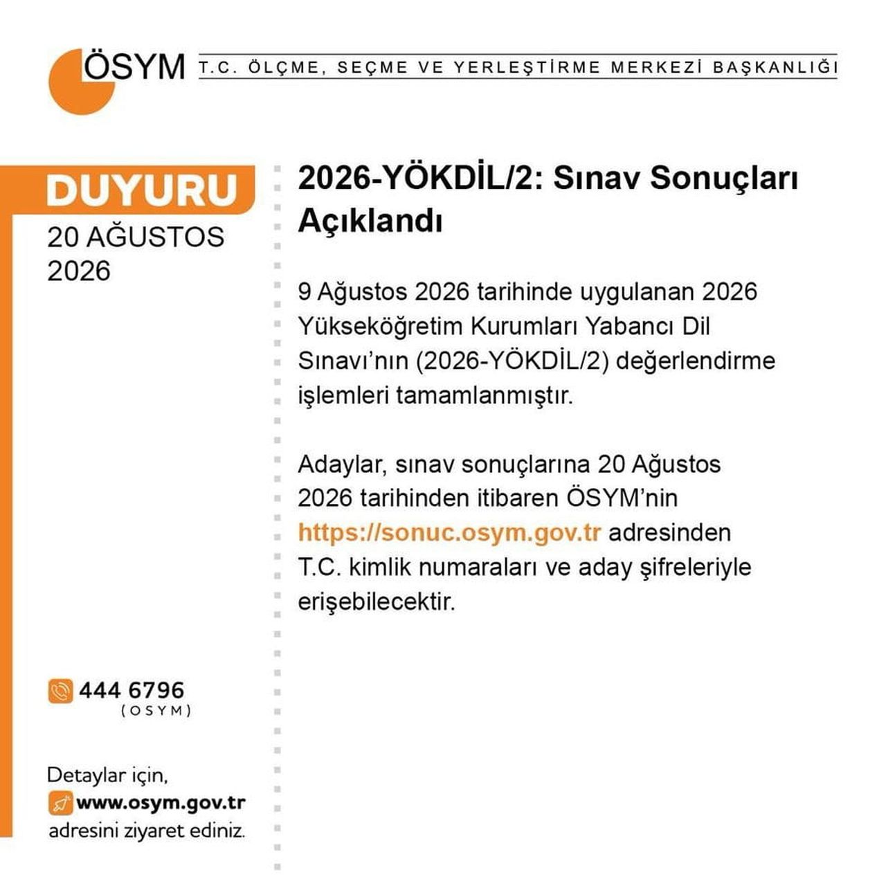 ÖLÇME, SEÇME VE YERLEŞTİRME MERKEZİNCE (ÖSYM), 2026 YÜKSEKÖĞRETİM KURUMLARI YABANCI DİL SINAVI...