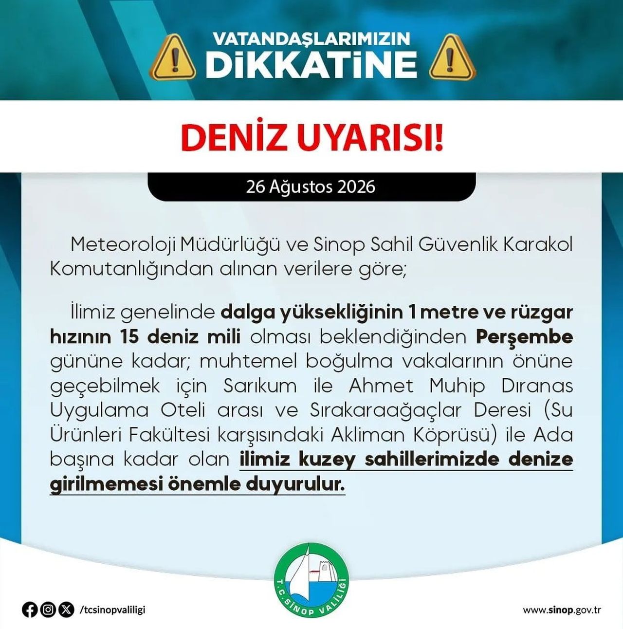 SİNOP’TA OLUMSUZ DENİZ ŞARTLARI NEDENİYLE KUZEY SAHİLLERİNDE DENİZE GİRİLMEMESİ KONUSUNDA UYARI...