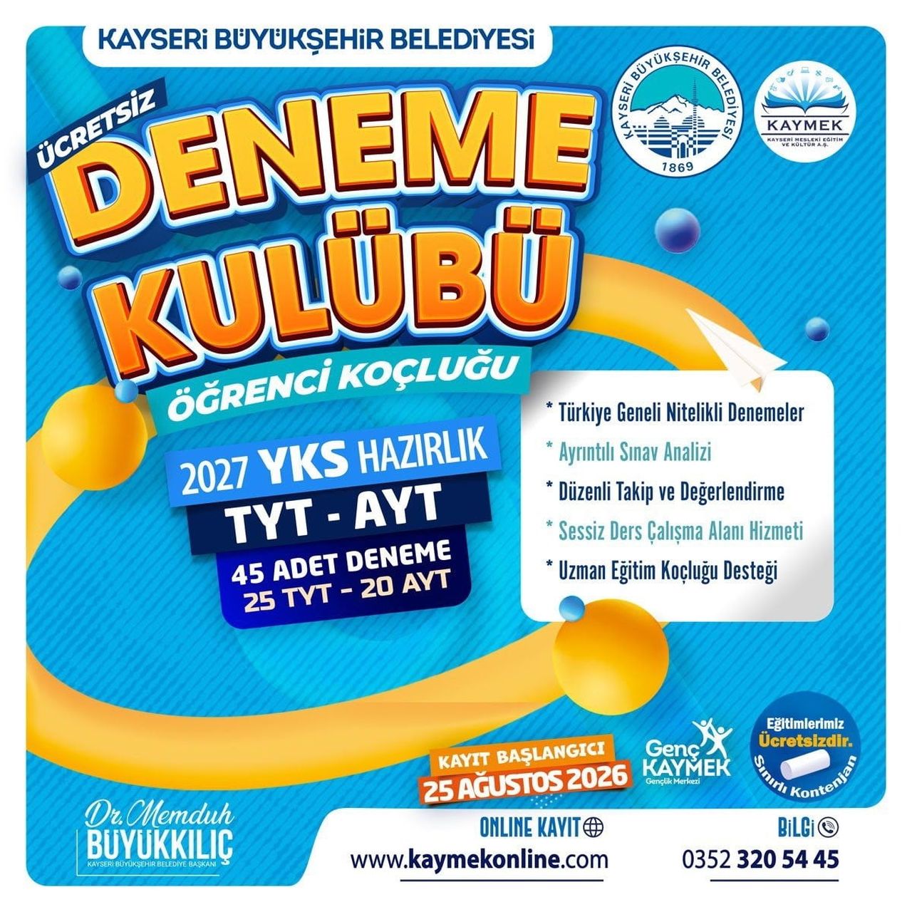 KAYSERİ BÜYÜKŞEHİR BELEDİYESİ BÜNYESİNDE FAALİYET GÖSTEREN KAYMEK, ÖĞRENCİLERE YÖNELİK ÜCRETSİZ...