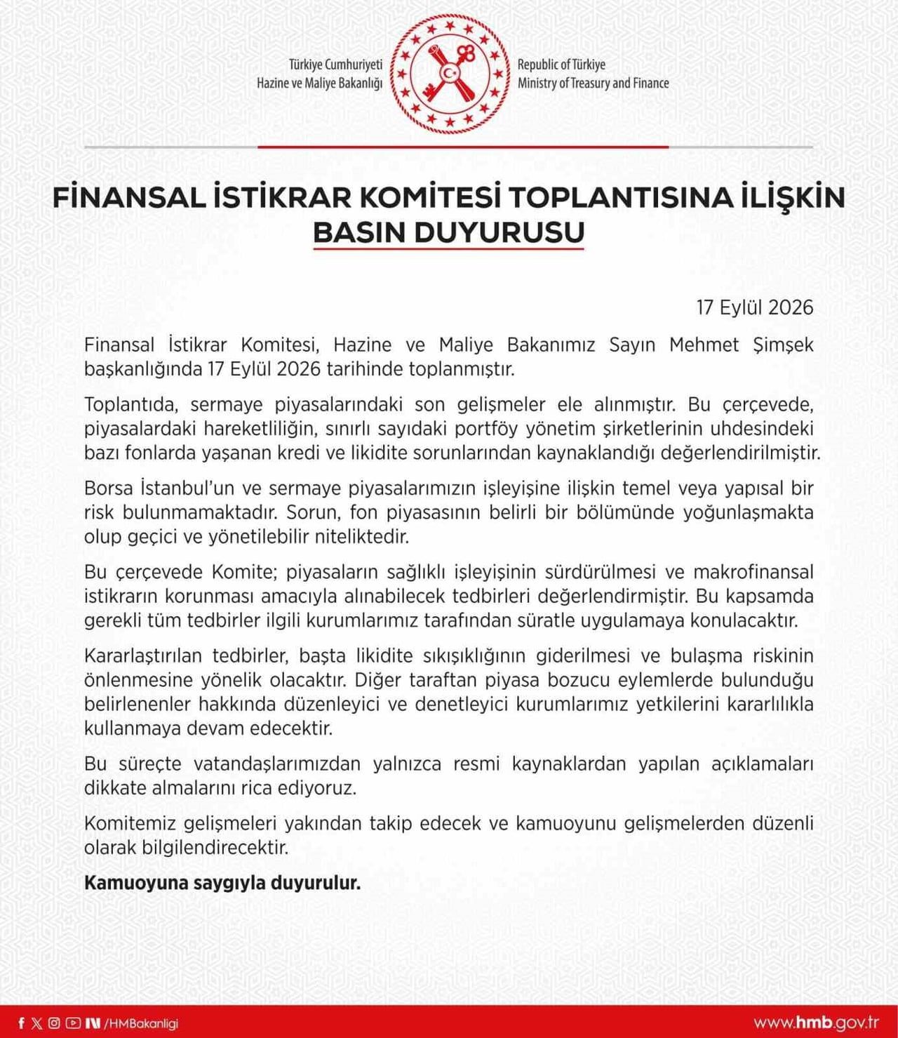 HAZİNE VE MALİYE BAKANI MEHMET ŞİMŞEK BAŞKANLIĞINDA TOPLANAN FİNANSAL İSTİKRAR KOMİTESİ (FİK)...
