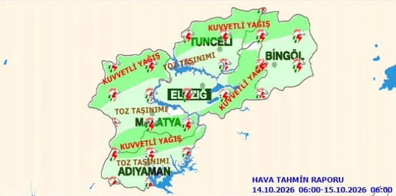 METEOROLOJİ 13. BÖLGE MÜDÜRLÜĞÜ ELAZIĞ İÇİN KUVVETLİ YAĞIŞ VE TOZ TAŞINIMI UYARISI...