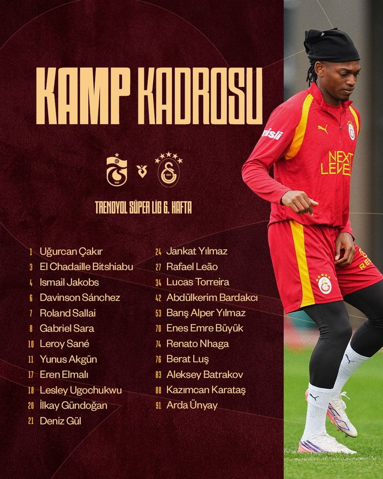 GALATASARAY'IN, TRENDYOL SÜPER LİG'İN 6. HAFTASINDA YARIN DEPLASMANDA TRABZONSPOR İLE OYNAYACAĞI...