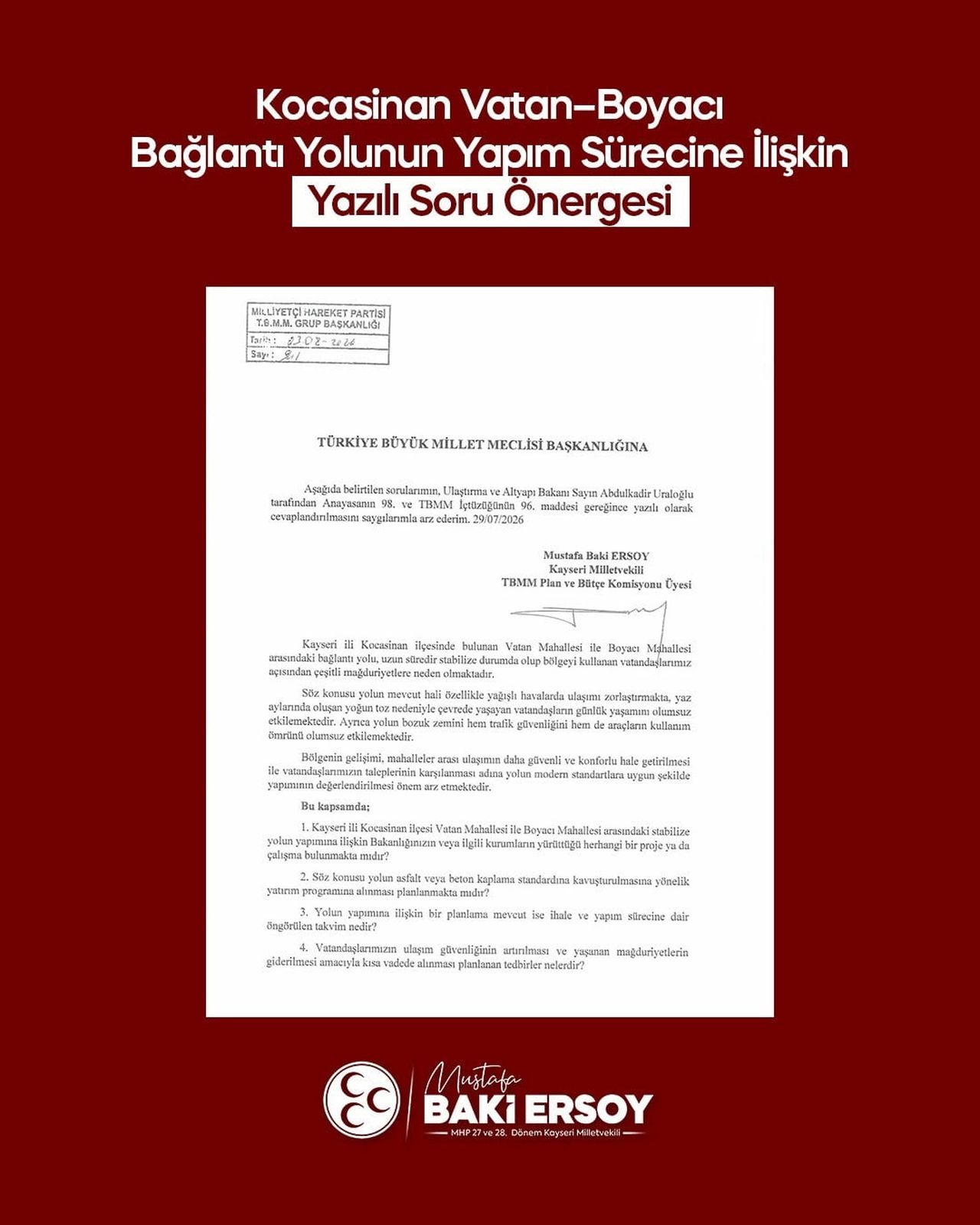 MİLLİYETÇİ HAREKET PARTİSİ (MHP) KAYSERİ MİLLETVEKİLİ BAKİ ERSOY, KAYSERİ’NİN KOCASİNAN İLÇESİNDE...