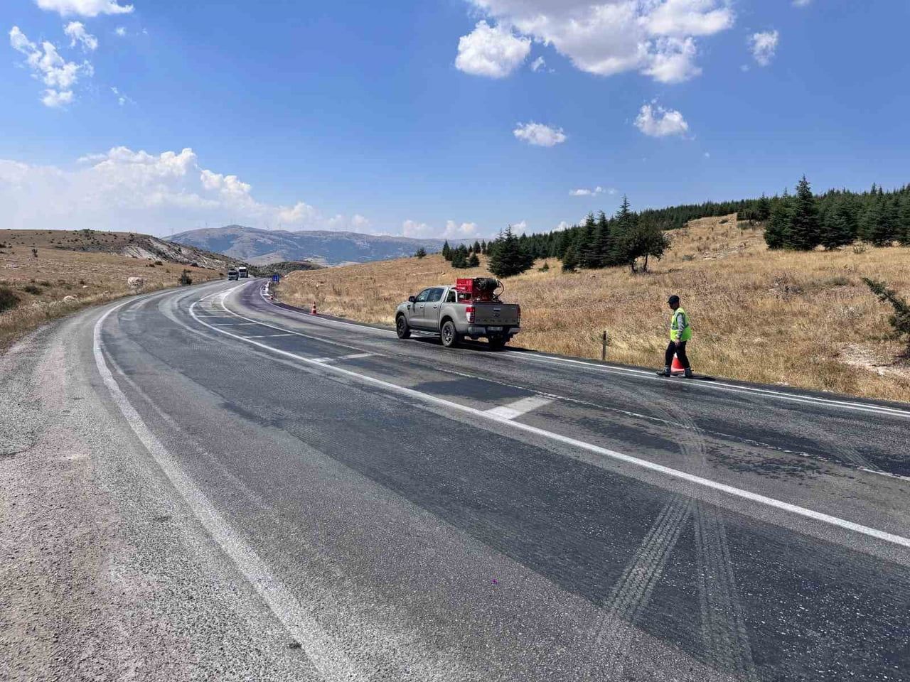 AFYONKARAHİSAR’IN DİNAR-ÇAY KARAYOLUNDA YOLA DÖKÜLEN VE YOLDAN GEÇEN ARAÇLARIN MOR RENGE...