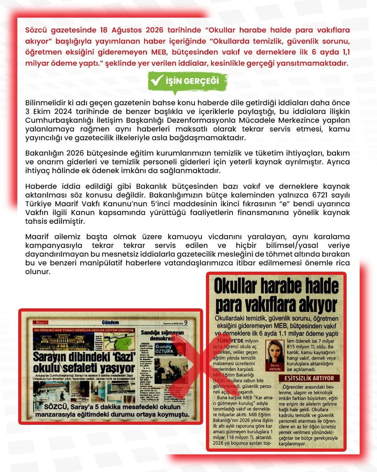 MİLLİ EĞİTİM BAKANLIĞI DEZENFORMASYONLA MÜCADELE MERKEZİ (MEBDMM) TARAFINDAN, "MEB, BÜTÇESİNDEN...