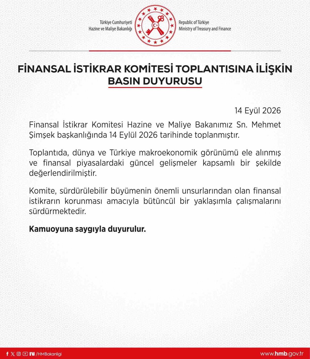 HAZİNE VE MALİYE BAKANI MEHMET ŞİMŞEK’İN BAŞKANLIĞINDA BUGÜN, FİNANSAL İSTİKRAR KOMİTESİ...
