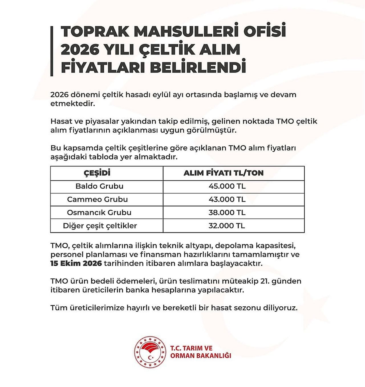 TMO, ÇİFTÇİLERİ YAKINDAN İLGİLENDİREN ÇELTİK ALIM FİYATLARINI DUYURDU.