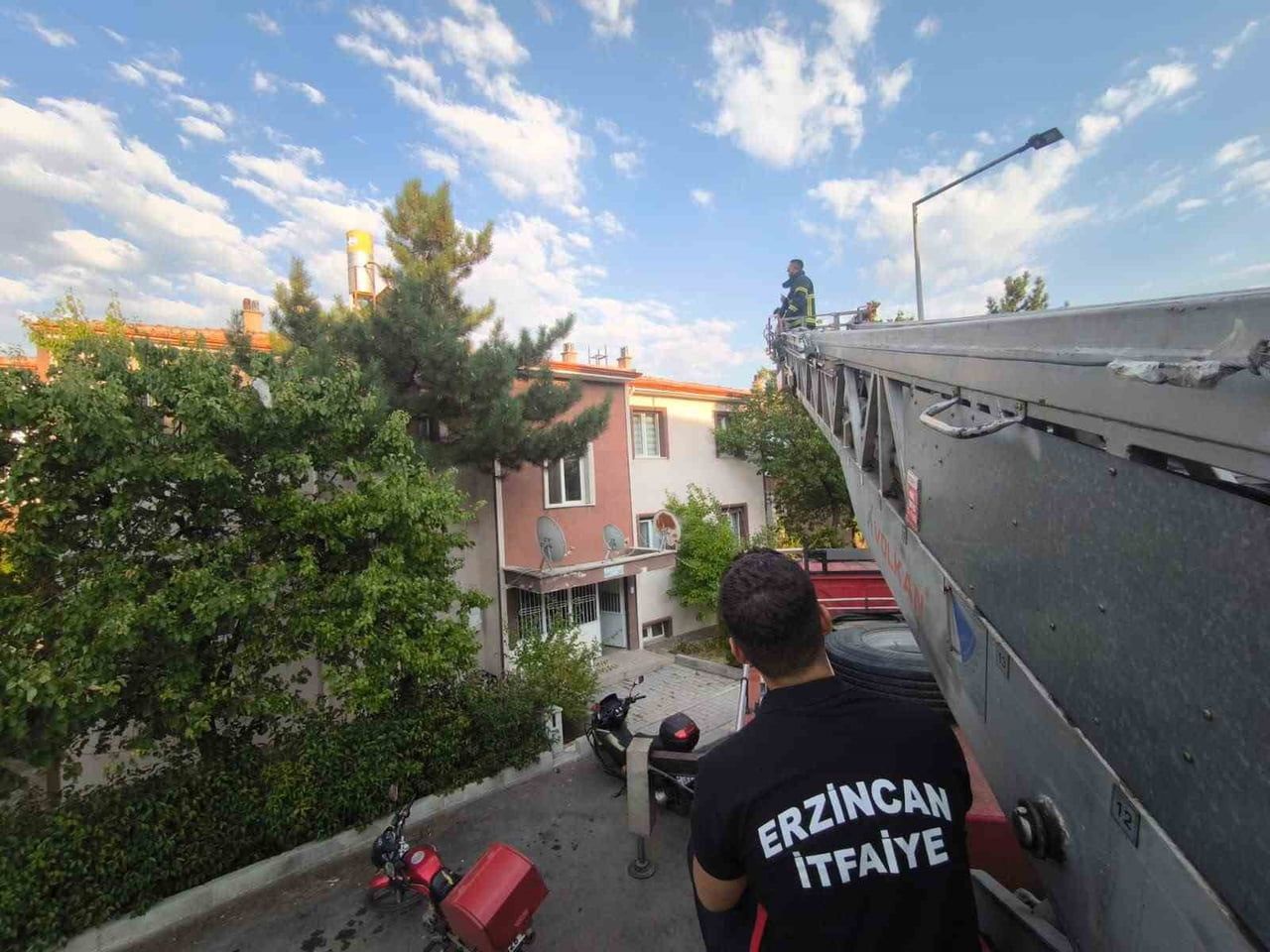 ERZİNCAN’DA ÇATIDAKİ KEDİ İTFAİYE EKİPLERİNCE KURTARILDI