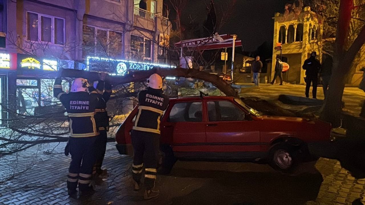 Edirne'de Ağaç, Aracın Üzerine Devrildi: Maddi Hasar Oluştu