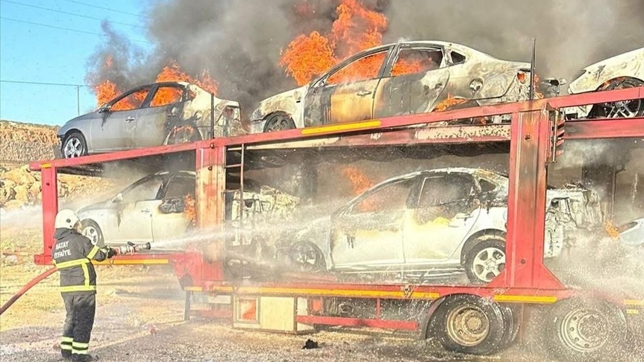 Hatay'da Sınır Kapısında Tır Yangını: 6 Otomobil Alev Alev Yandı