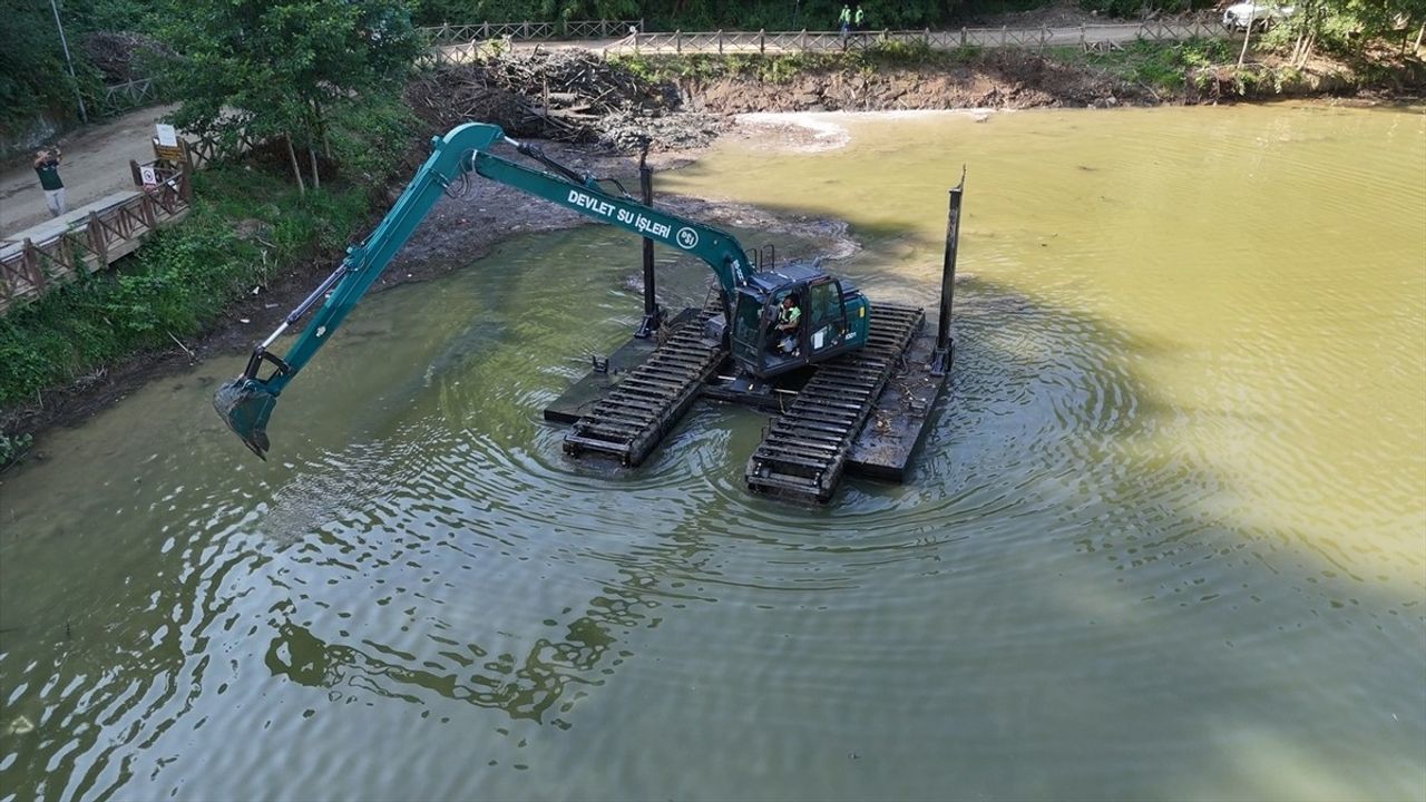 Trabzon'daki Sera Gölü'nde Yüzer İş Makinesiyle Temizlik Başladı
