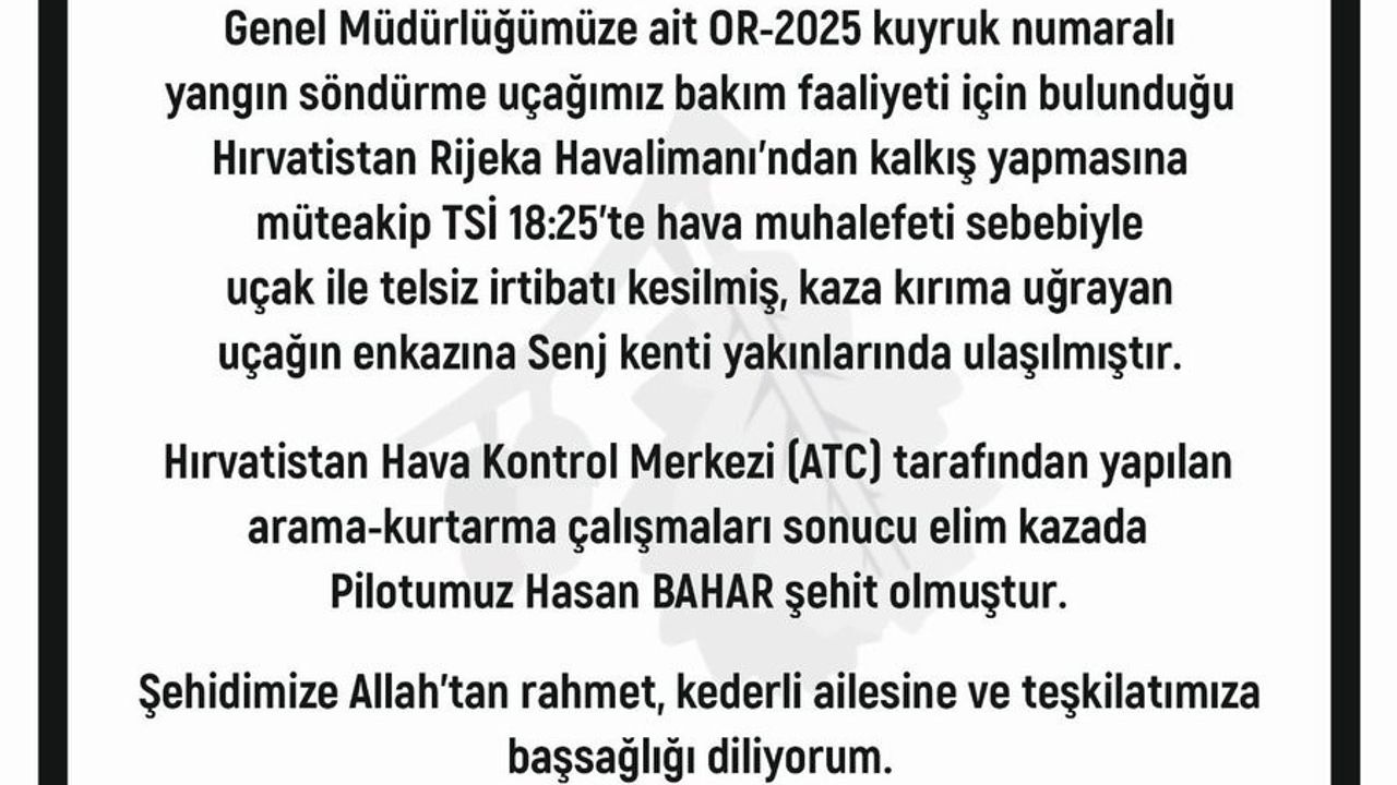 Hırvatistan'da Düşen OR-2025 Uçağı: Karacabey'den Şehit Pilot Hasan Bahar İçin Başsağlığı