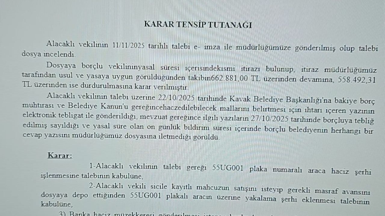 Kavak Belediyesi'nin Makam Aracına Haciz ve Yakalama Kararı