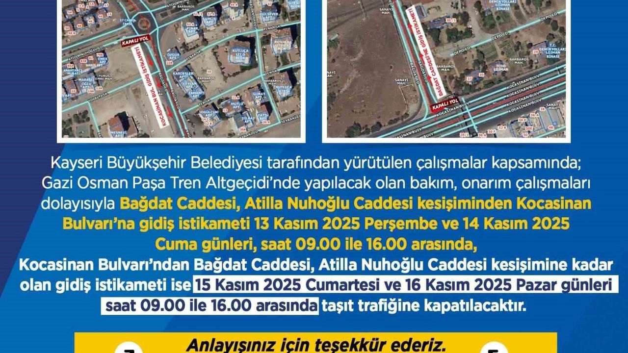 Kayseri: Gazi Osman Paşa Tren Altgeçidi'nde Onarım — Bazı Yollar Geçici Olarak Kapatılacak