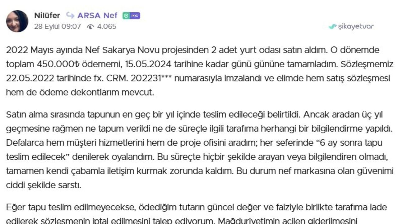 Nef Arsa'nın Sakarya Projelerinde Tapu Krizi: Üç Yıldır Tek Çivi Bile Çakılmadı