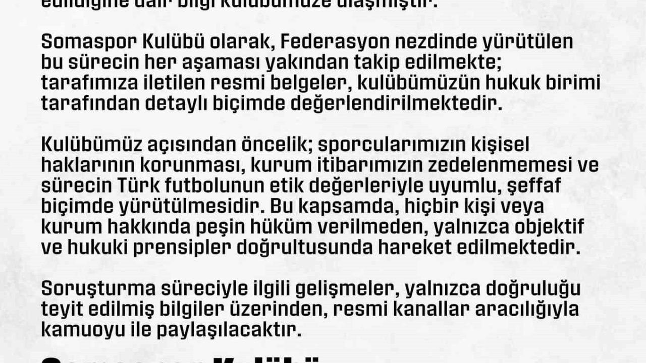 Somaspor'dan PFDK Sevk Açıklaması: TFF Bahis Soruşturması Takip Ediliyor