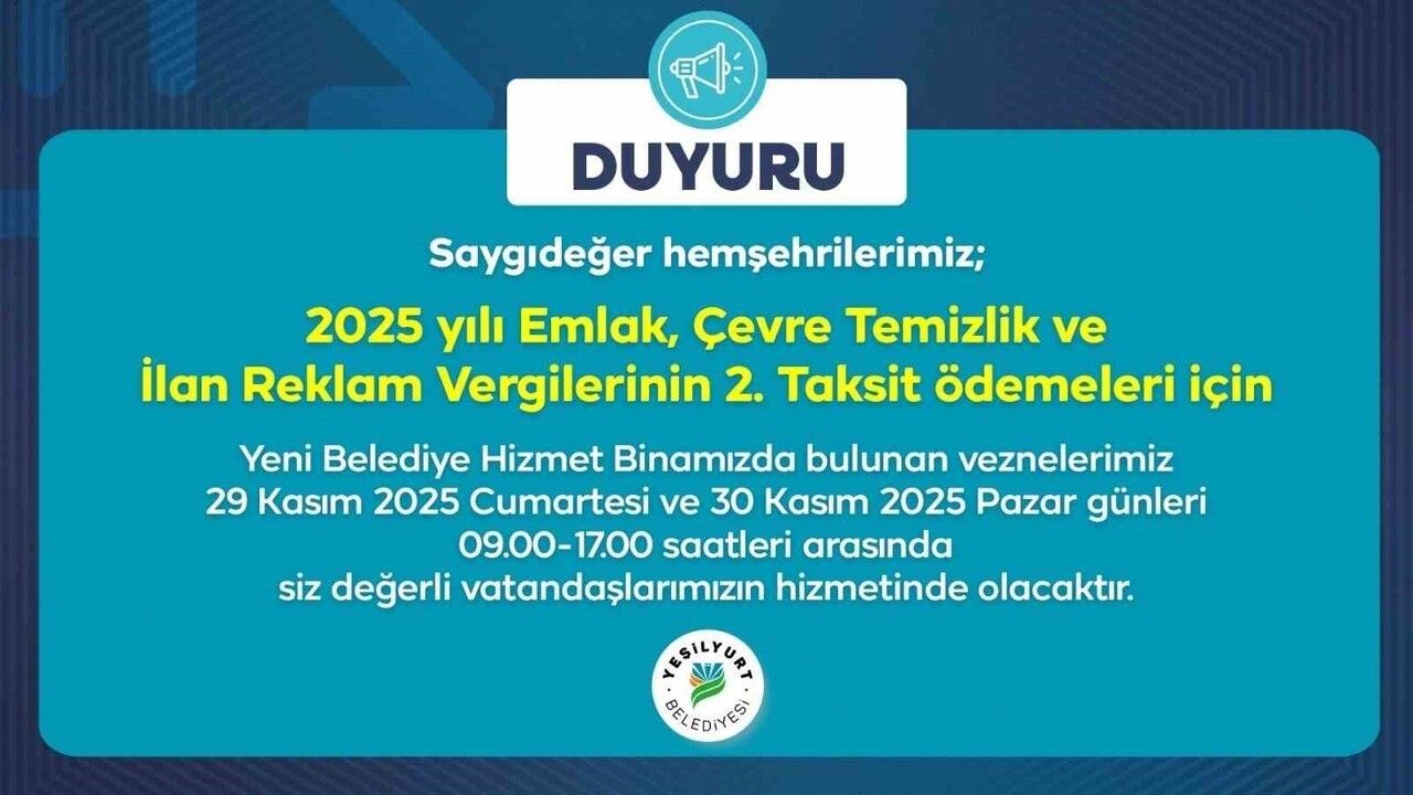 Yeşilyurt Belediye Vezneleri Hafta Sonu Açık: 29-30 Kasım Vergi Ödemesi