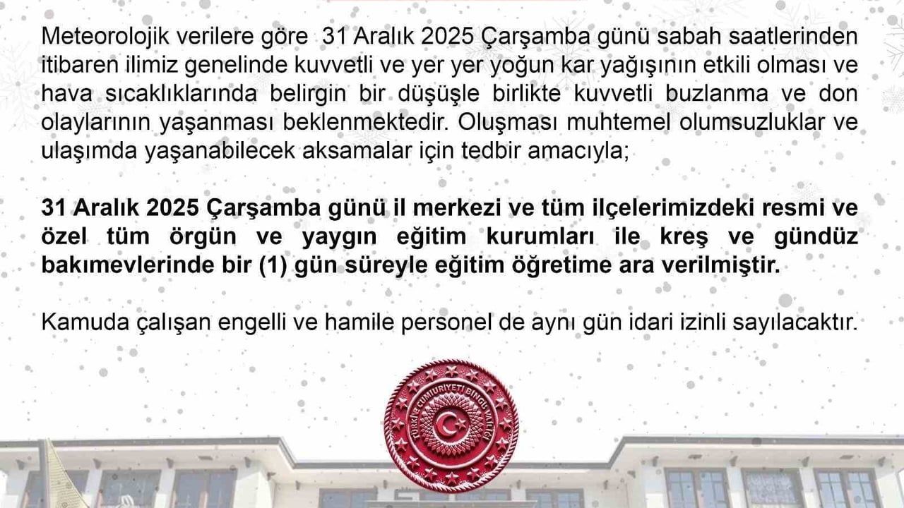 Bingöl'de 31 Aralık 2025'te Eğitime 1 Gün Ara
