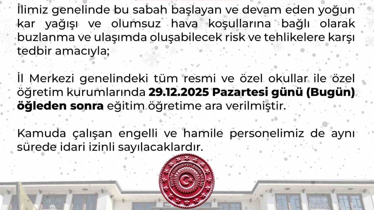 Bingöl'de Yoğun Kar Nedeniyle Eğitime 1 Gün Ara