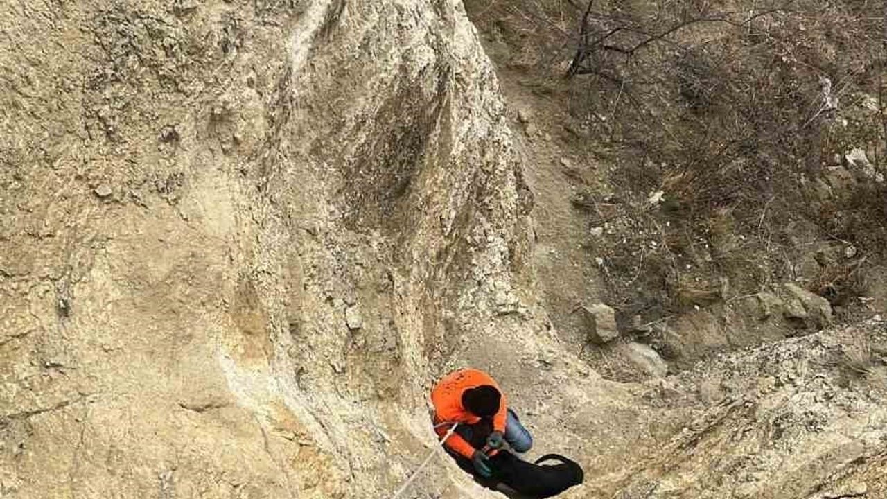 Burdur'da Avcılar Halatla Uçurumdan İnerek Köpeği Kurtardı