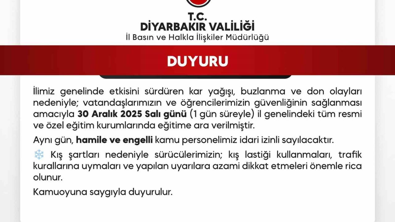 Diyarbakır'da Okullara 30 Aralık 2025'te 1 Günlük Tatil