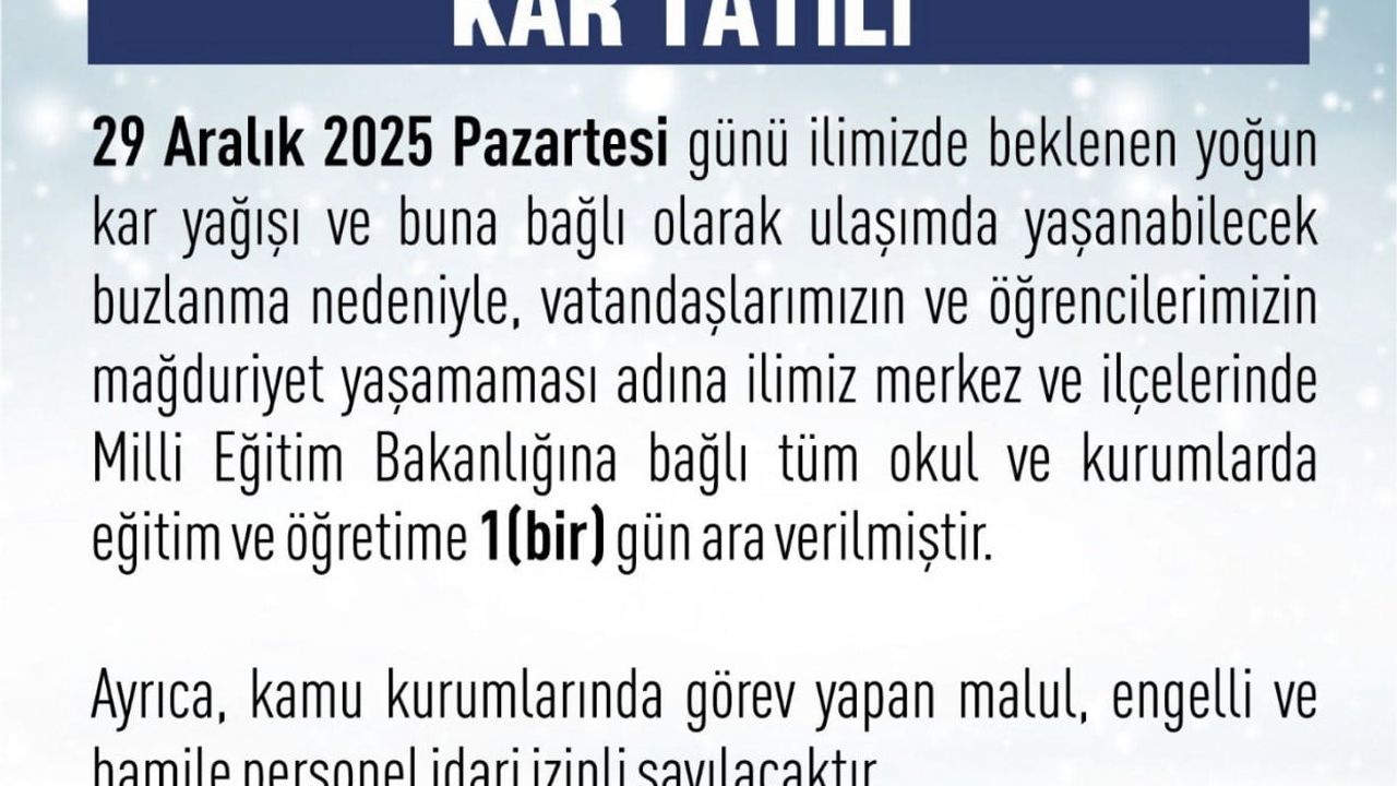 Elazığ'da Eğitim-Öğretime 1 Gün Ara (29 Aralık 2025)