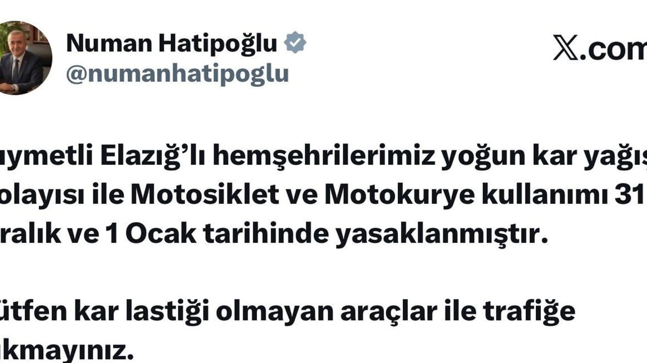 Elazığ'da Yoğun Kar Nedeniyle Motosiklet ve Motokurye Yasağı