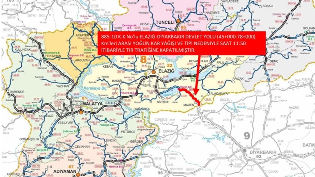 Elazığ-Diyarbakır Karayolu 45-78. Km Arası Ağır Taşıtlara Kapandı