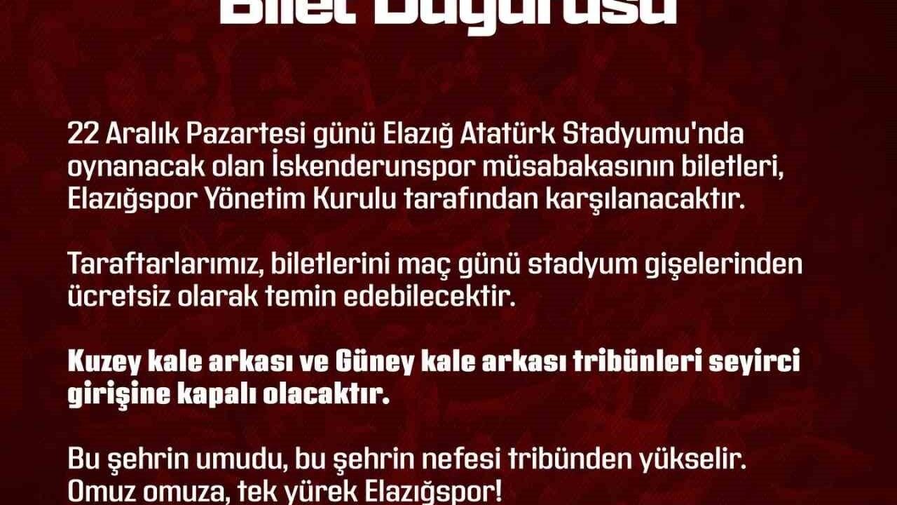 Elazığspor'dan İskenderunspor Maçı İçin Ücretsiz Bilet Kararı