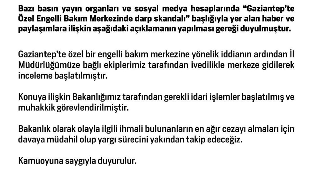 Gaziantep Özel Engelli Bakım Merkezi'nde darp iddialarına Bakanlık incelemesi