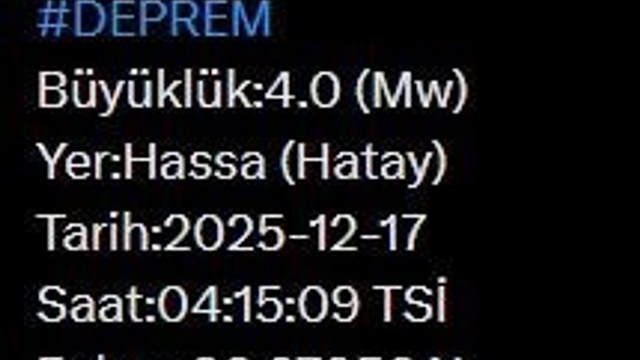 Hatay'da 4.0 Büyüklüğünde Deprem: Hassa'da 7.41 km Derinlik
