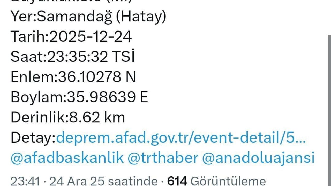 Hatay Samandağ'da 3,6 Büyüklüğünde Deprem | AFAD: 8,6 km derinlik