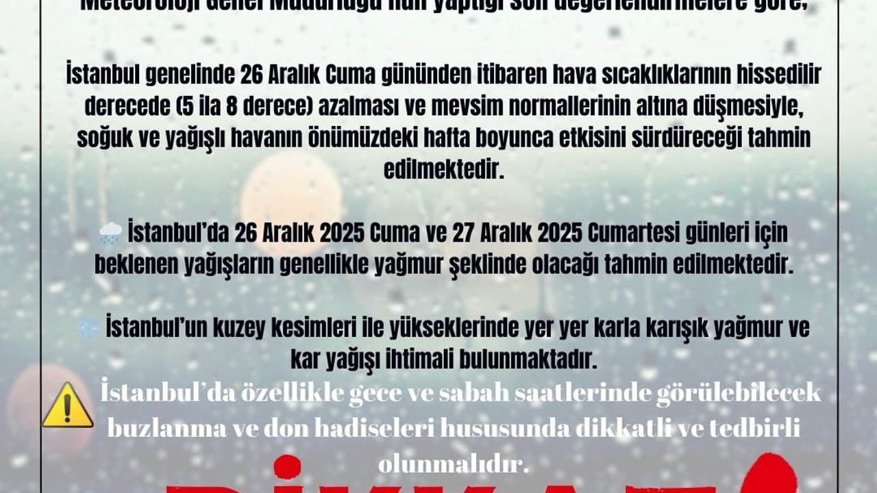 İstanbul Valiliği'nden 26-27 Aralık Kar Uyarısı
