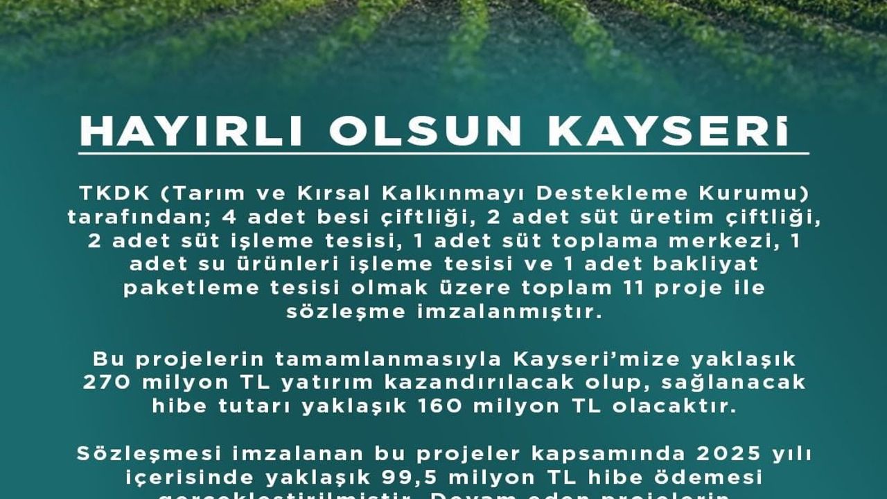 Kayseri’ye 270 Milyon TL’lik 11 Proje Müjdesi: TKDK Sözleşmeleri İmzalandı