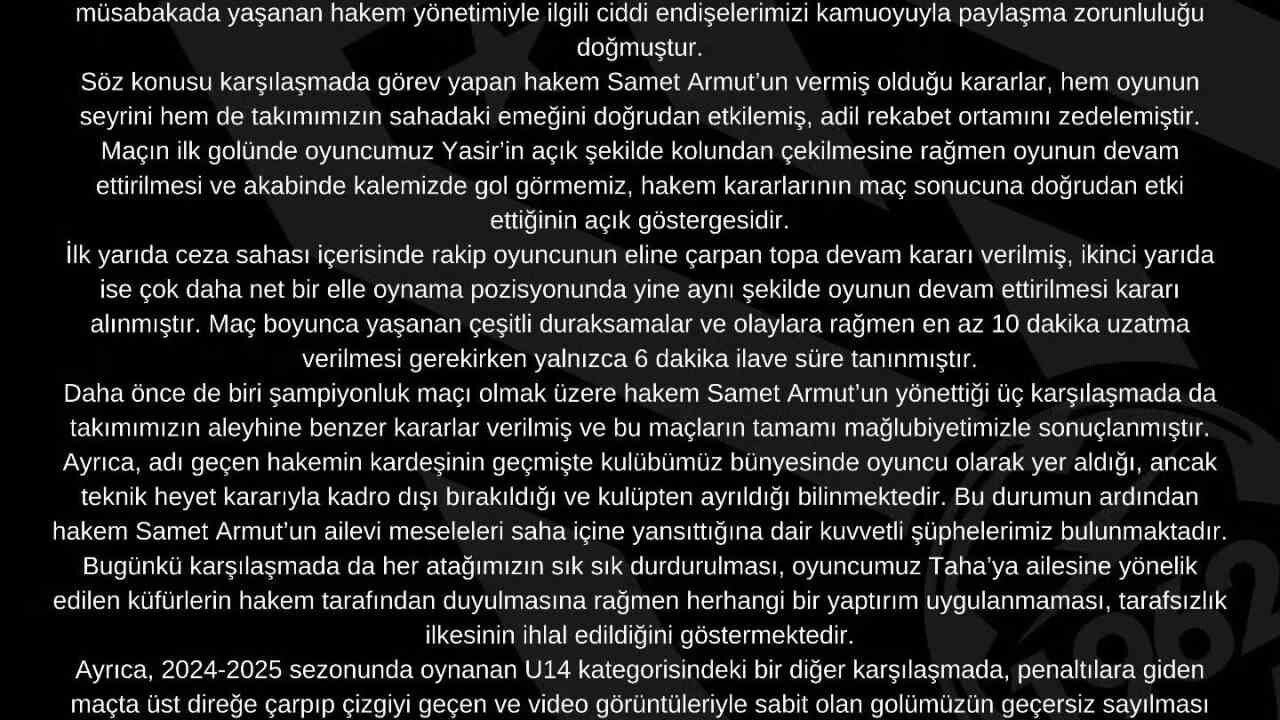 Kocasinan Şimşekspor: Hakem Samet Armut’un Maçlarımızda Görevlendirilmemesini İstiyoruz