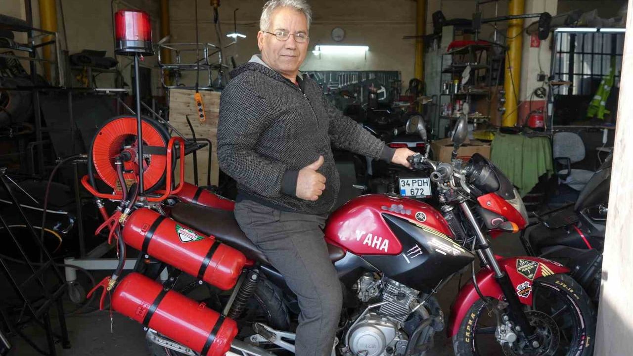 Kuddusi Kuranel'in Motosiklete Entegre Taşınabilir Söndürme Sistemi İlk Kıvılcımı Durduruyor