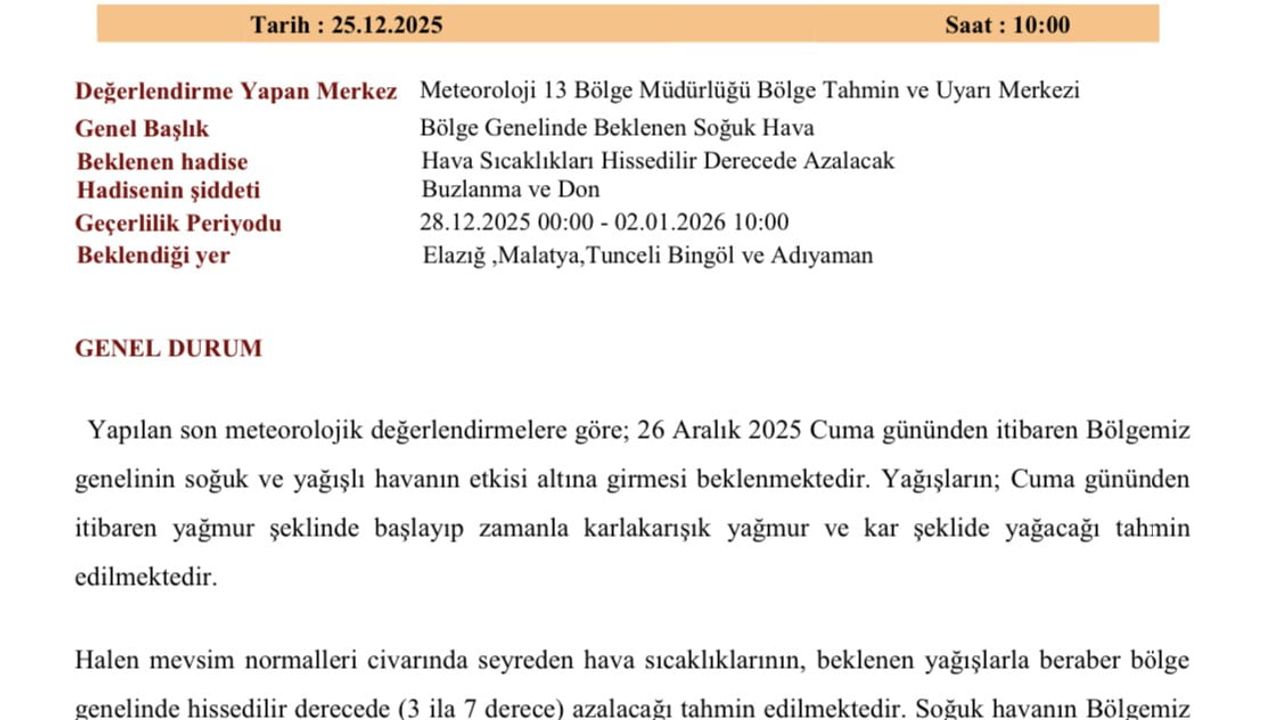 Meteorolojiden 5 ile 26 Aralık 2025'te Soğuk ve Yağışlı Hava Uyarısı