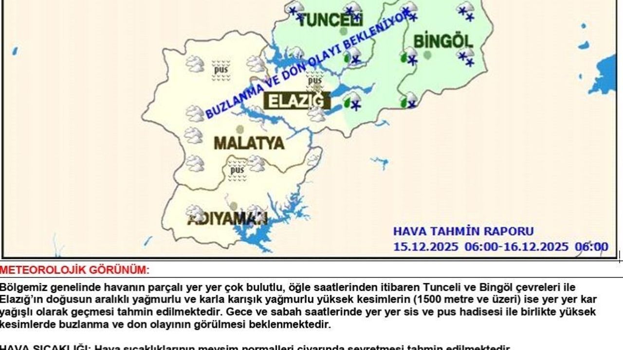 Meteorolojiden Uyarı: Elazığ, Bingöl ve Tunceli'de Yüksek Kesimlerde Kar Bekleniyor