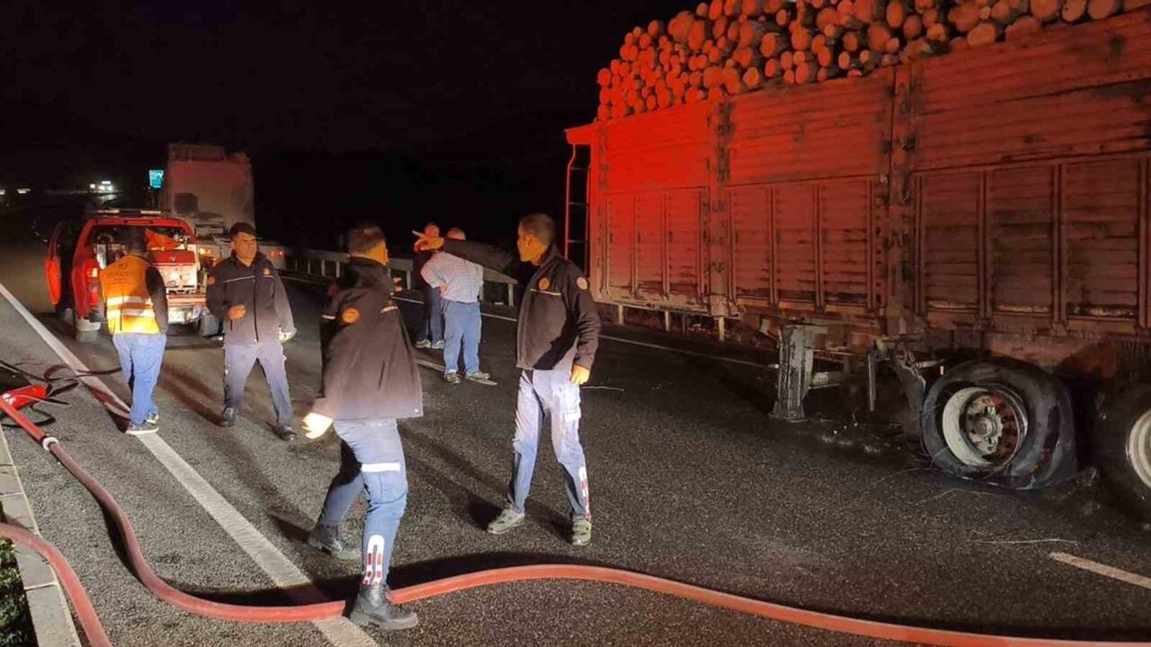 Muğla'da tomruk yüklü TIR’daki lastik yangını kısa sürede söndürüldü